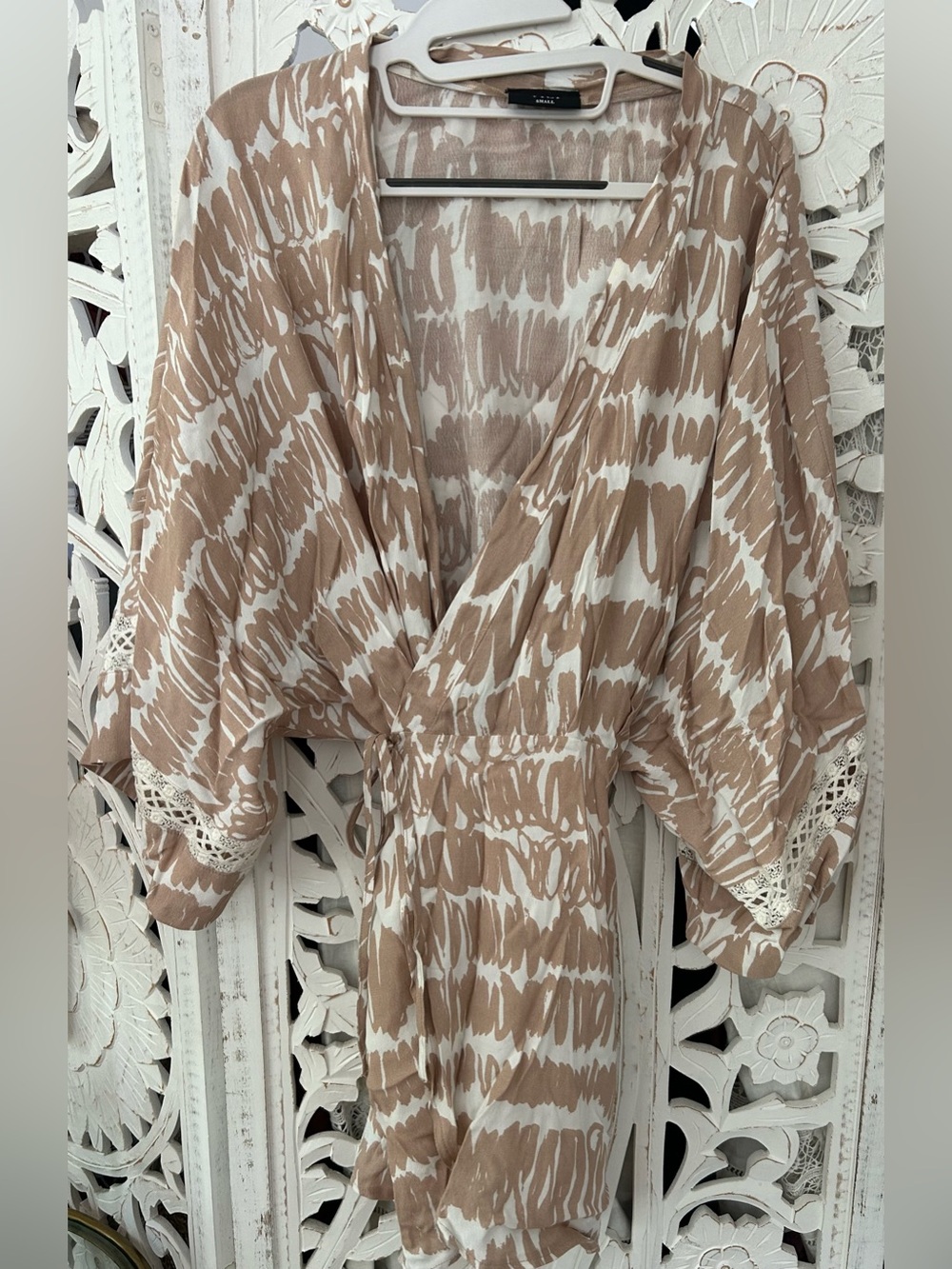 Vici Beige and White Printed Wrap Coverup